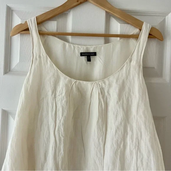 Eileen Fisher Silk Lined Cotton Tank Ivory Pleated Scoop Neck Lightweight L NWOT - Picture 3 of 6